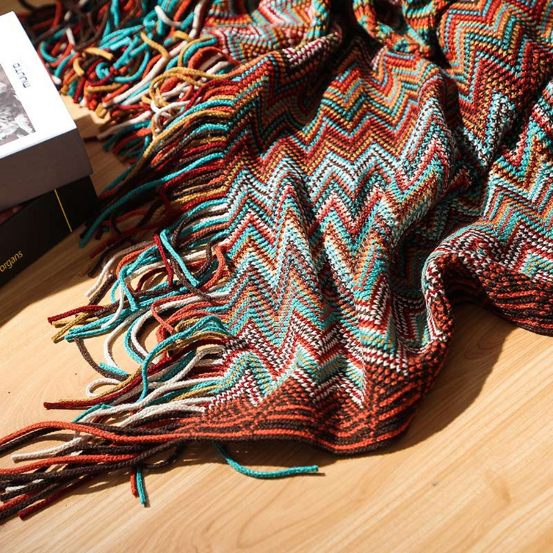 Multicolour Zigzag Tasseled Knit Throw