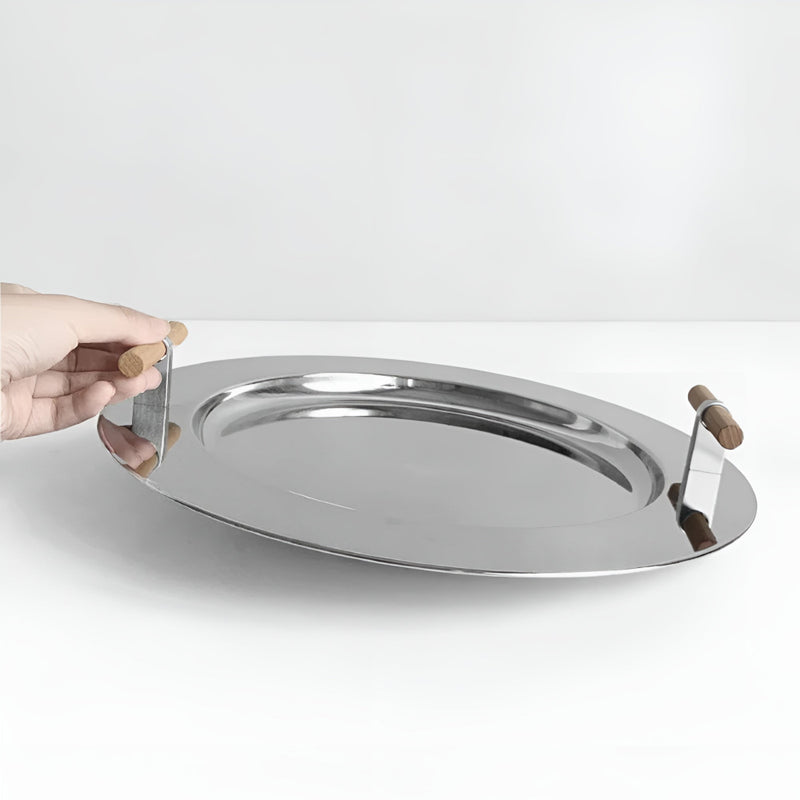 Elegant Stainless Steel Round Tray with Wooden Handles