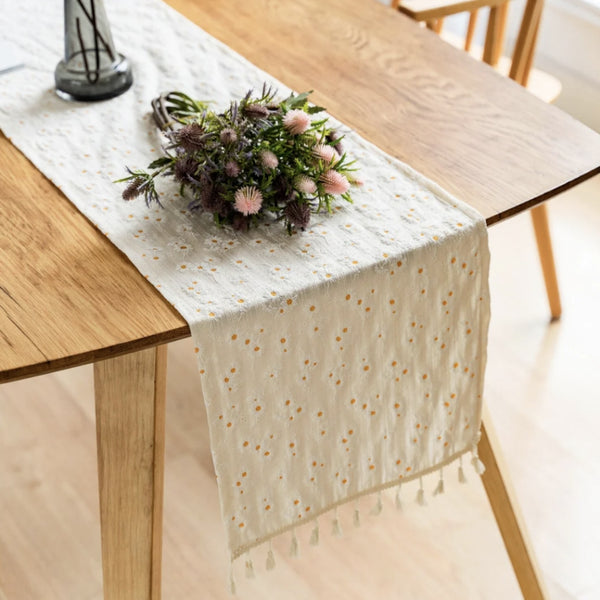 Playful Daisy Embroidered Boho Table Runner