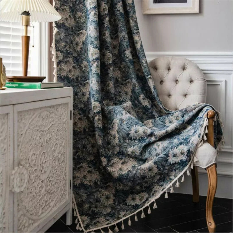 Navy Floral Tassel Curtains