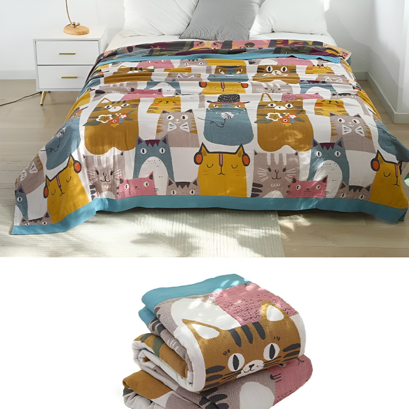 Whimsical Cat-Themed Reversible Blanket