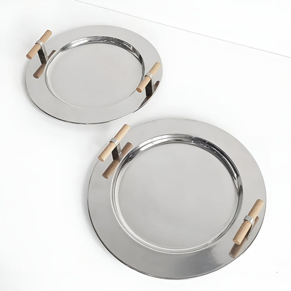 Elegant Stainless Steel Round Tray with Wooden Handles