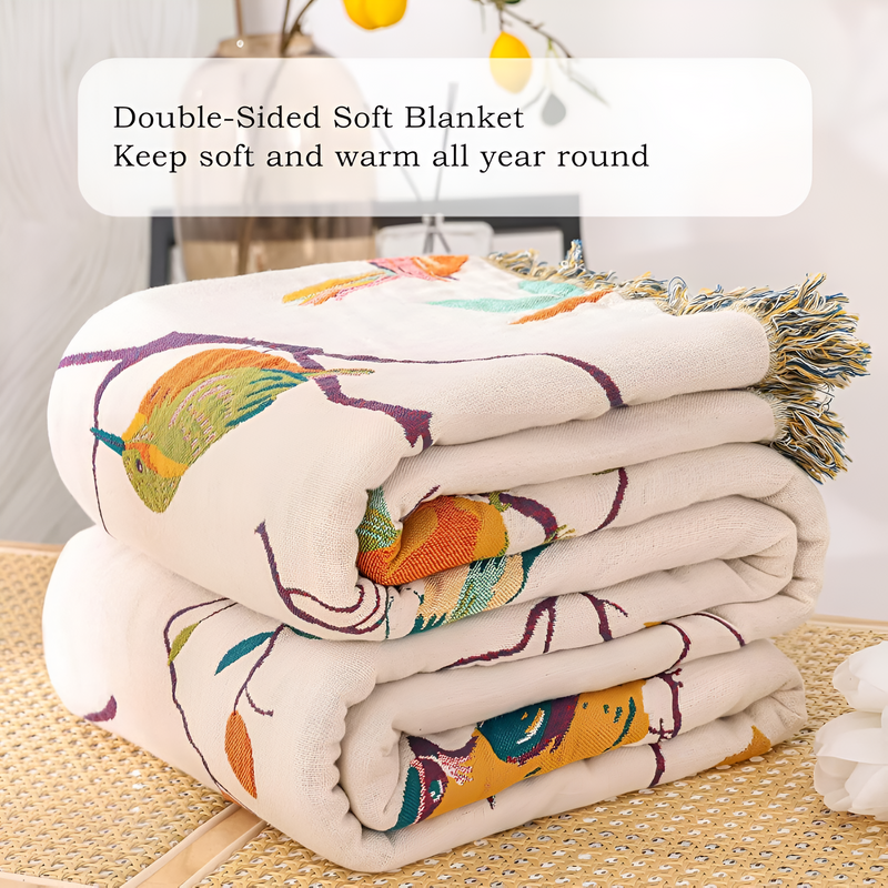 Whimsical Bird Tassel Cotton Blanket