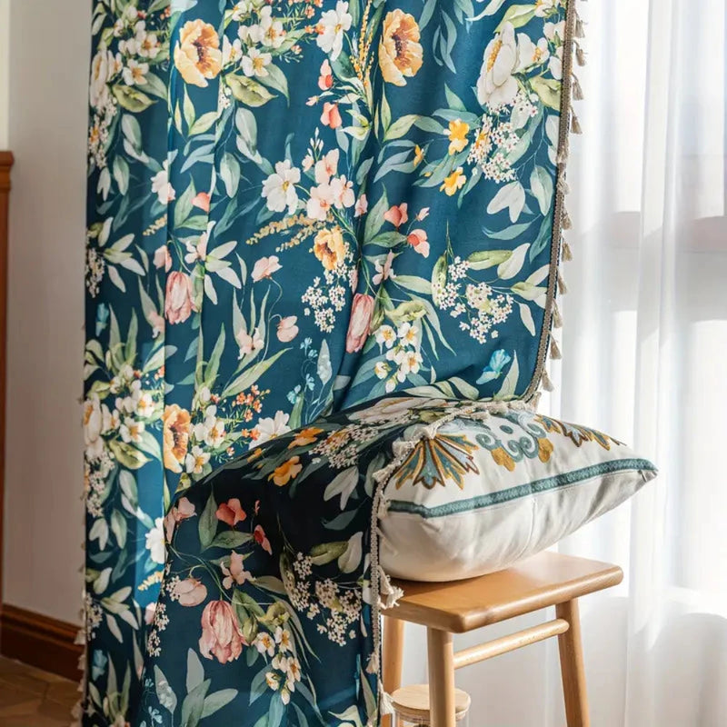 Navy Floral Tassel Curtains