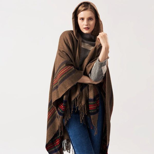Acrylic Hooded Striped Poncho Shawl