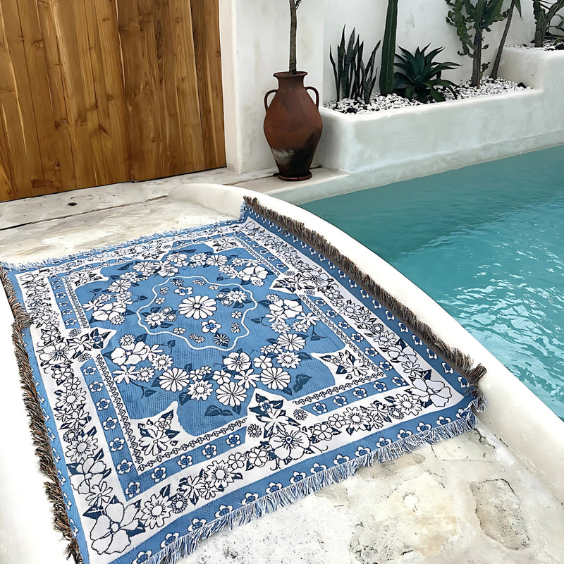 Daisy Bloom Boho Blue Beach Travel Blanket