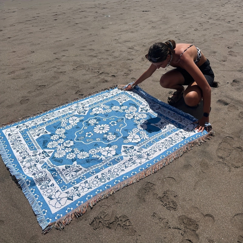 Daisy Bloom Boho Blue Beach Travel Blanket