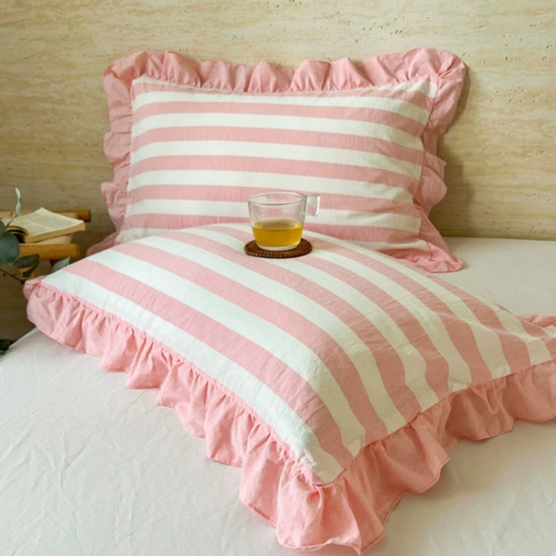 Striped Ruffled Lace Pillowcases in Multiple Colours