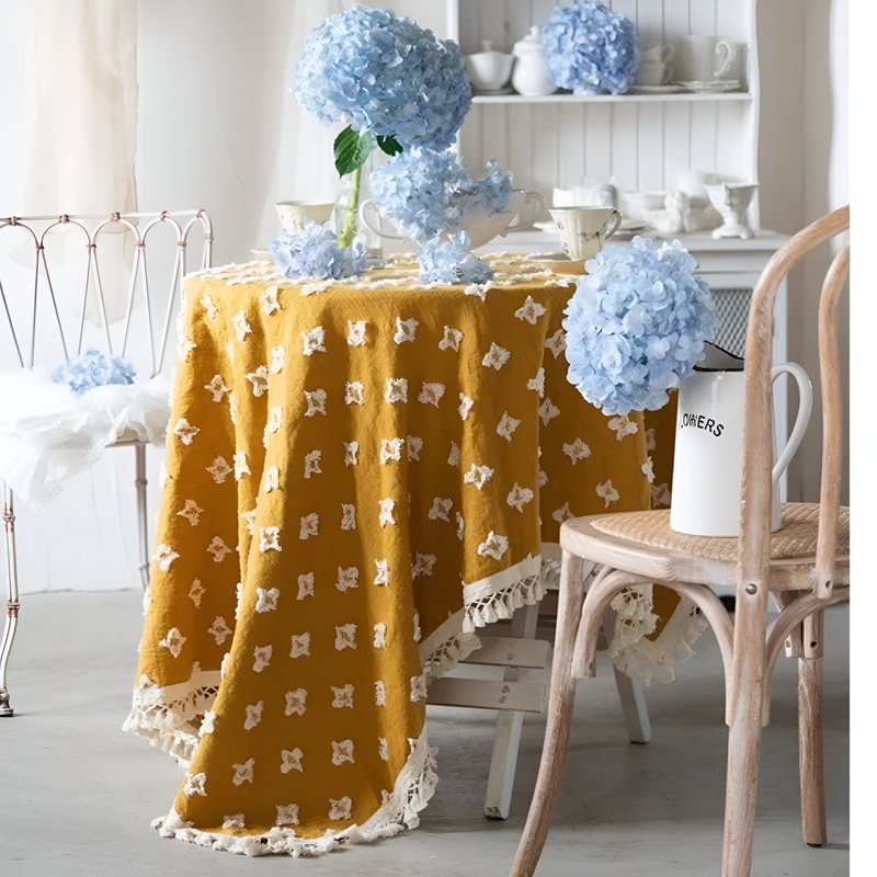 Versatile Yellow Embroidered Tassel Tablecloth