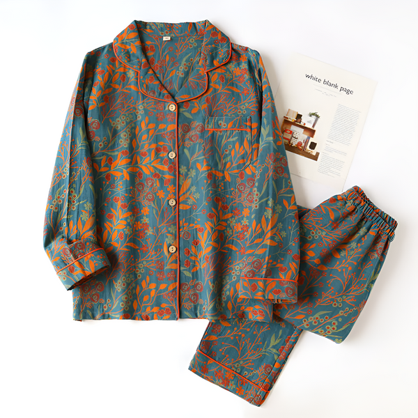 Vintage Leaf Cotton Lapel Loungewear Set